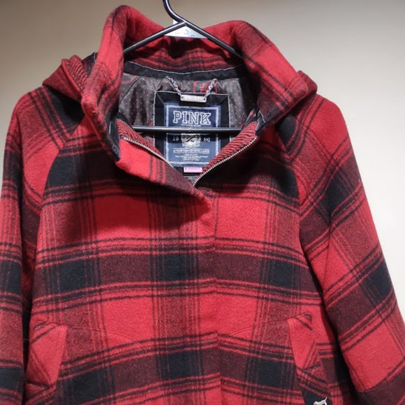 PINK BY VICTORIA SECRETS RED AND BLACK WOOL PLAID PEACOAT WOMAN'S SIZE XS - Picture 1 of 16